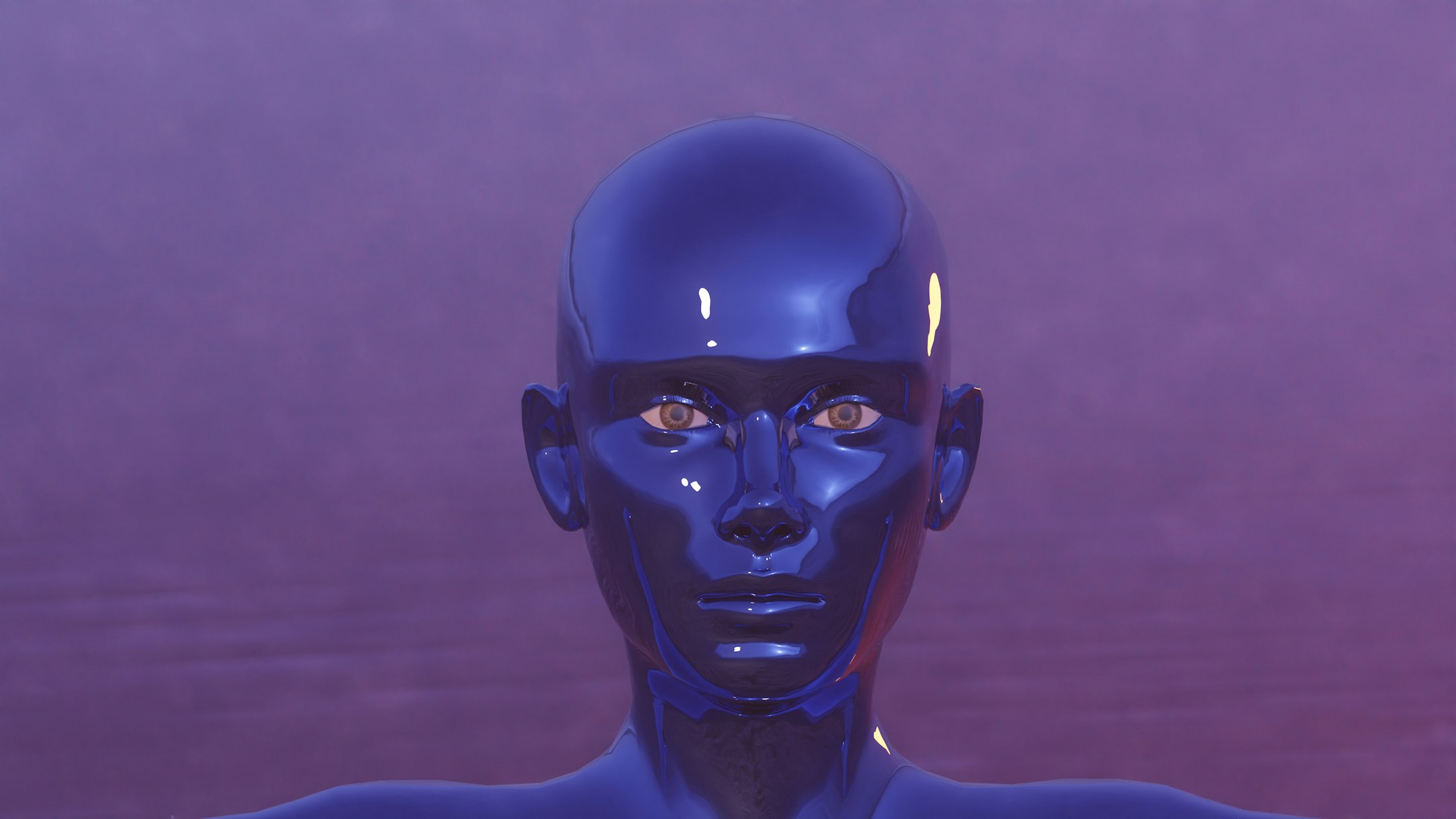 A glossy blue humanoid robot head