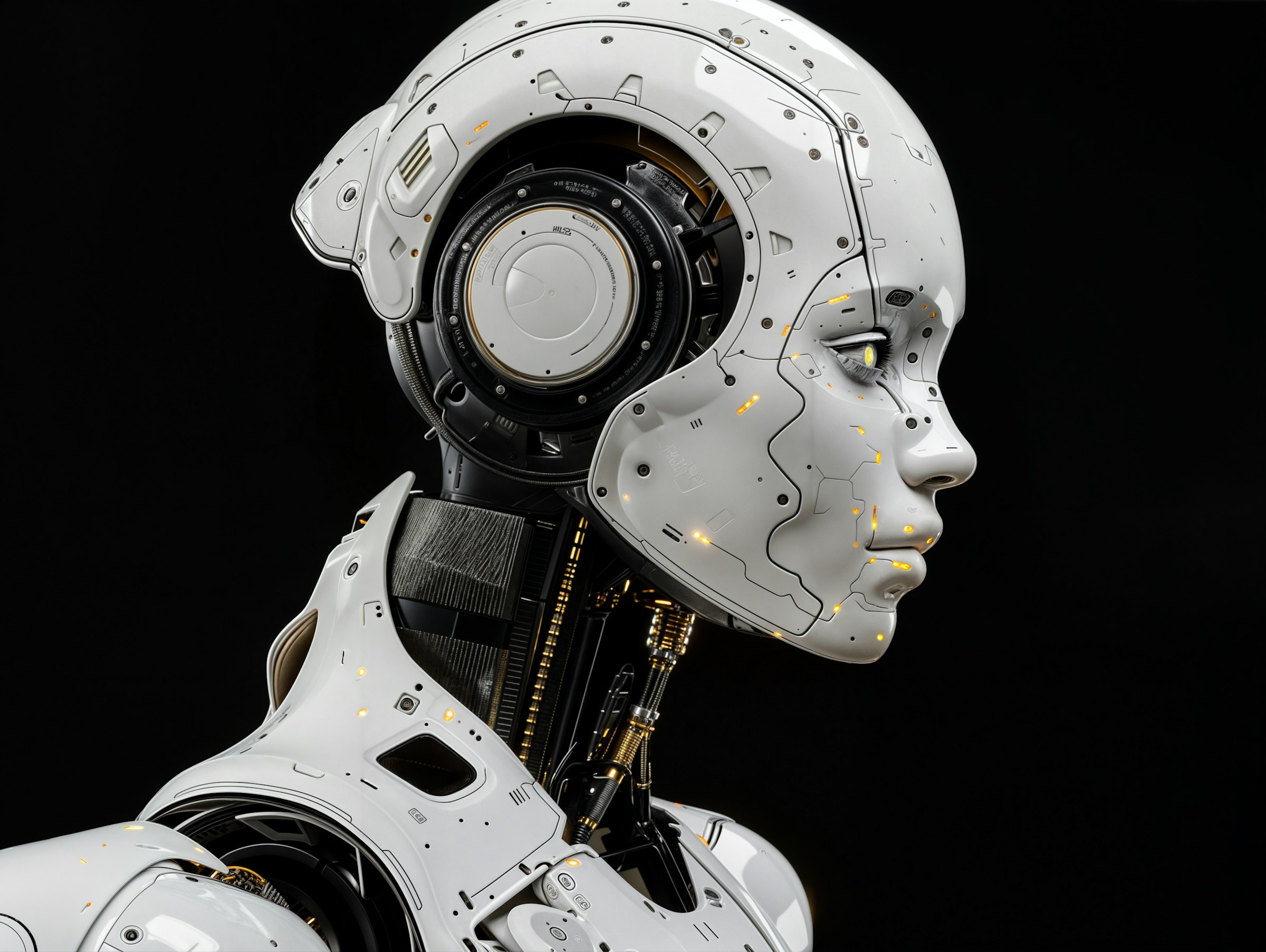 A white humanoid robot in profile against a black background
