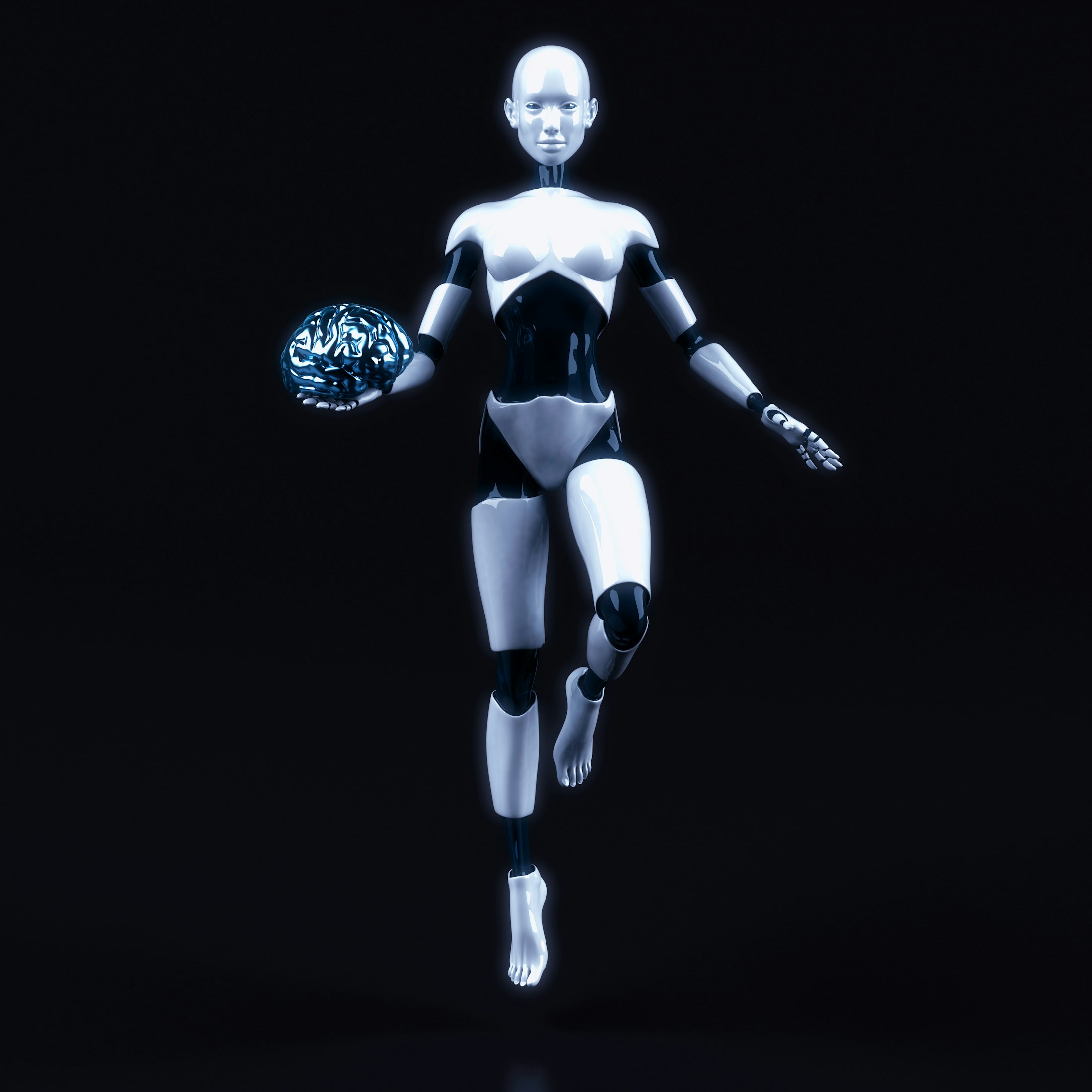 A white humanoid robot holding a glowing brain